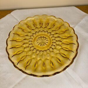 Vintage Amber Glass Serving Plate, 10"  Likely Indiana Glass, Sunburst Pattern